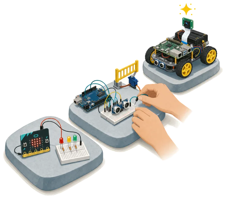 Three steps: a Micro:bit with LEDs, an Arduino with a sensor and a gate, and a robot car with a camera and AI