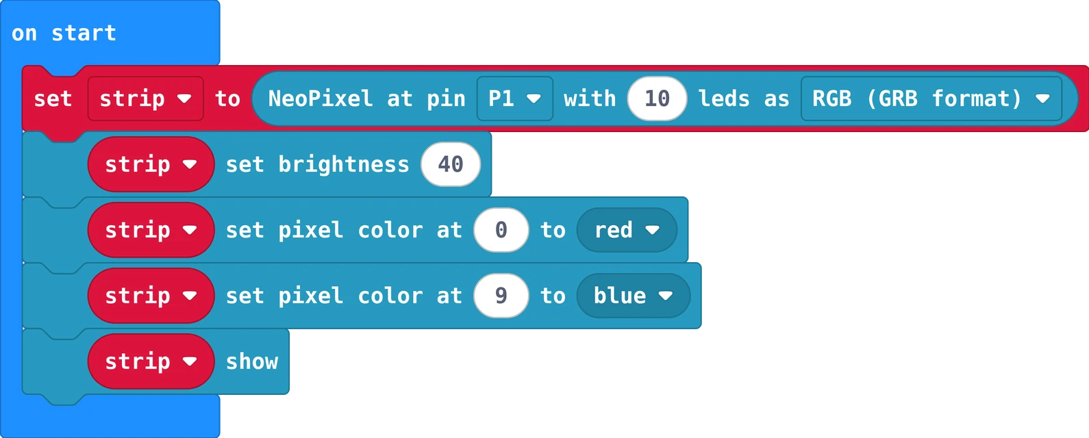 The MakeCode blocks of this program