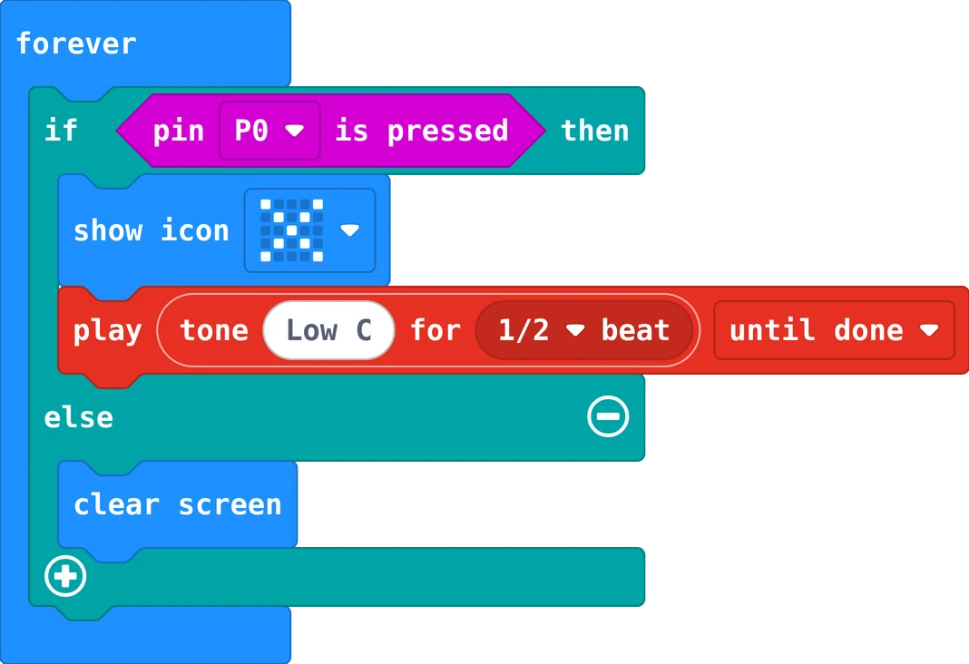 The MakeCode blocks of this program