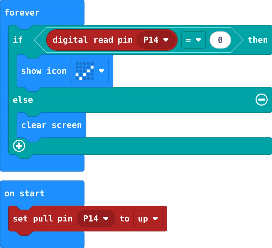 The MakeCode blocks of this program