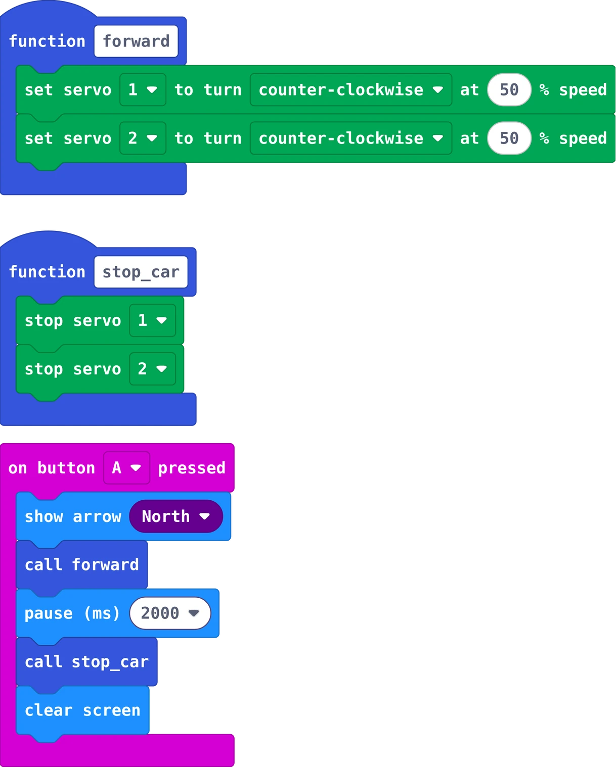 The MakeCode blocks of this program
