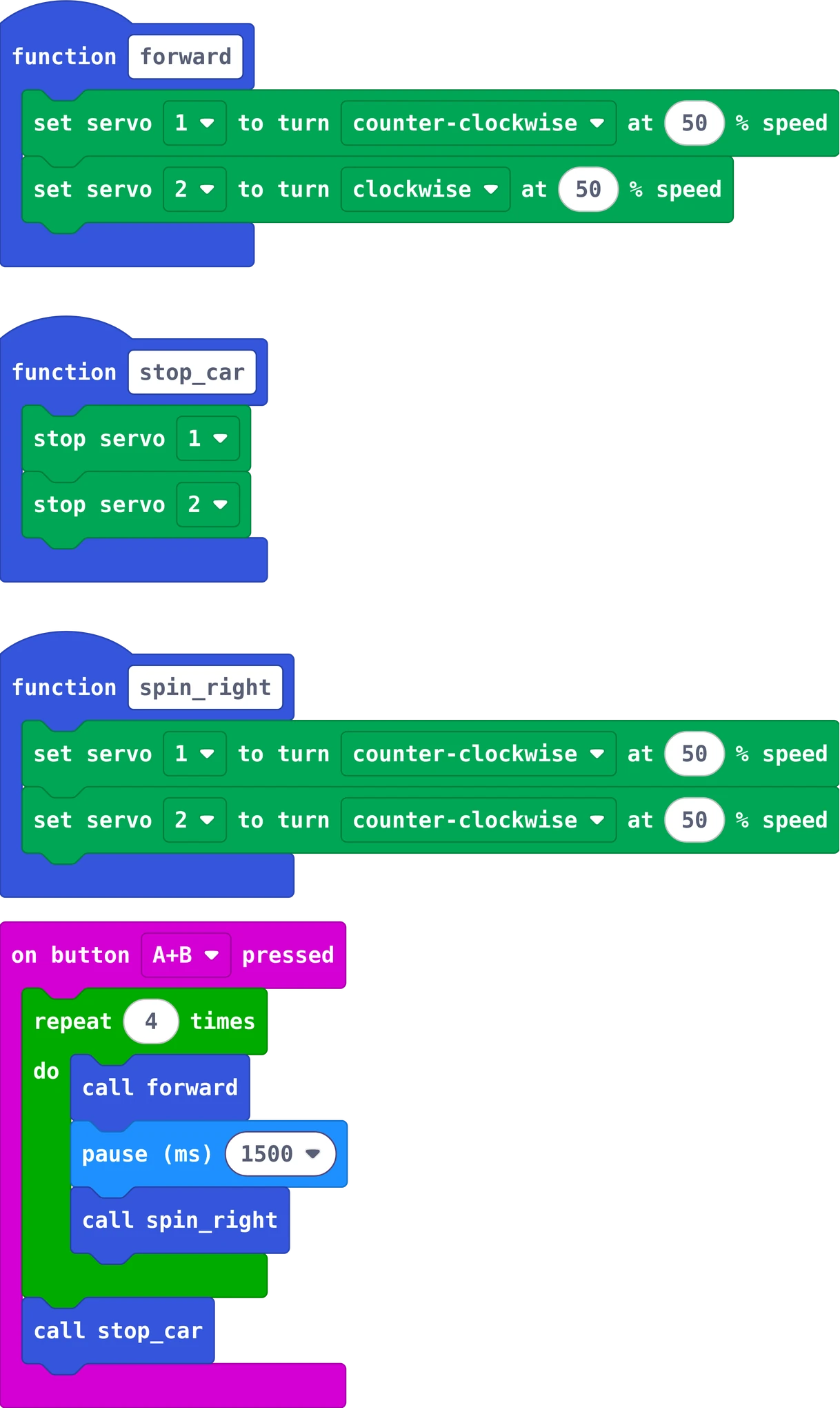 The MakeCode blocks of this program