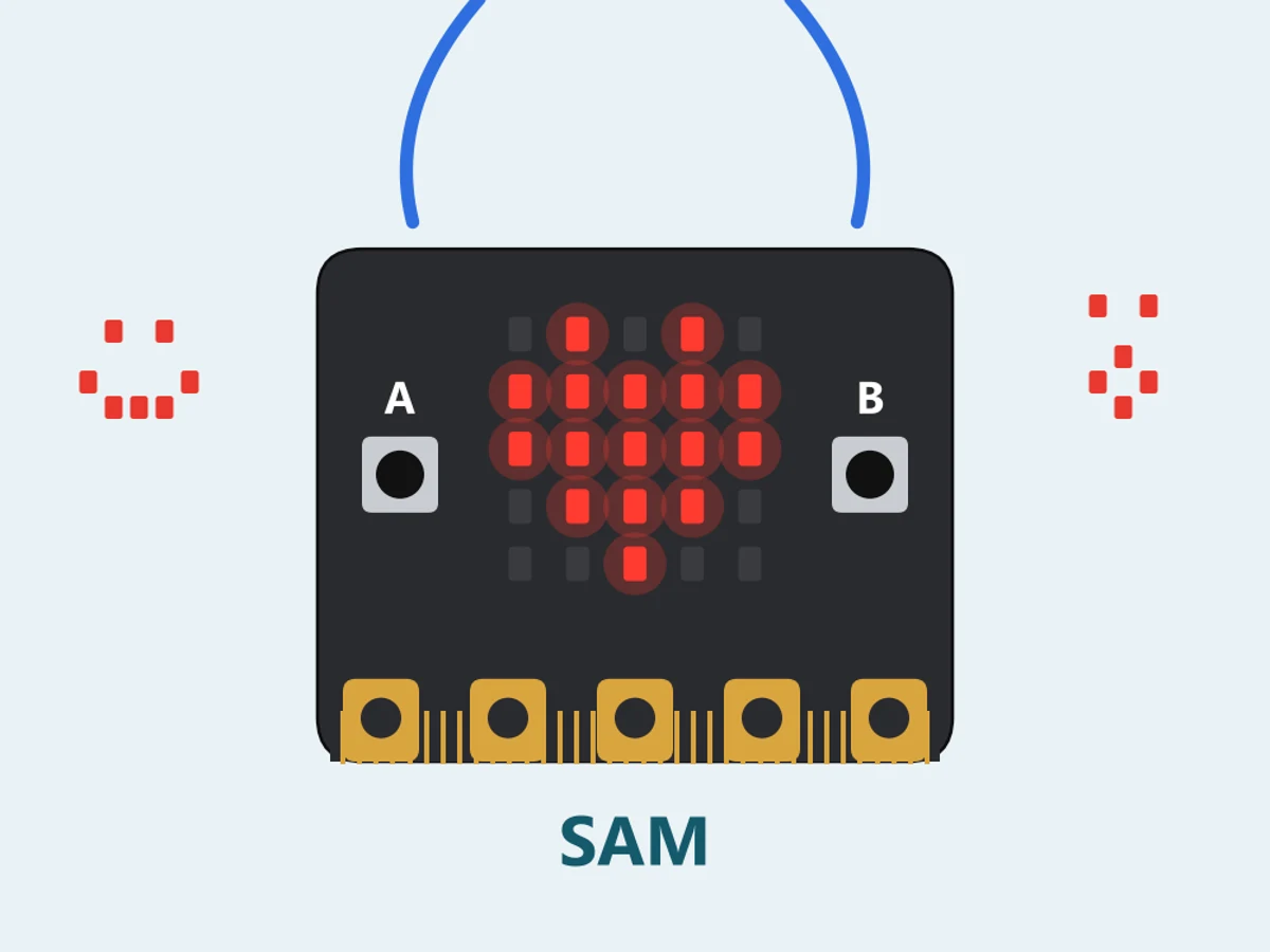 A Micro:bit worn as a badge on a blue string, a red heart on its lights