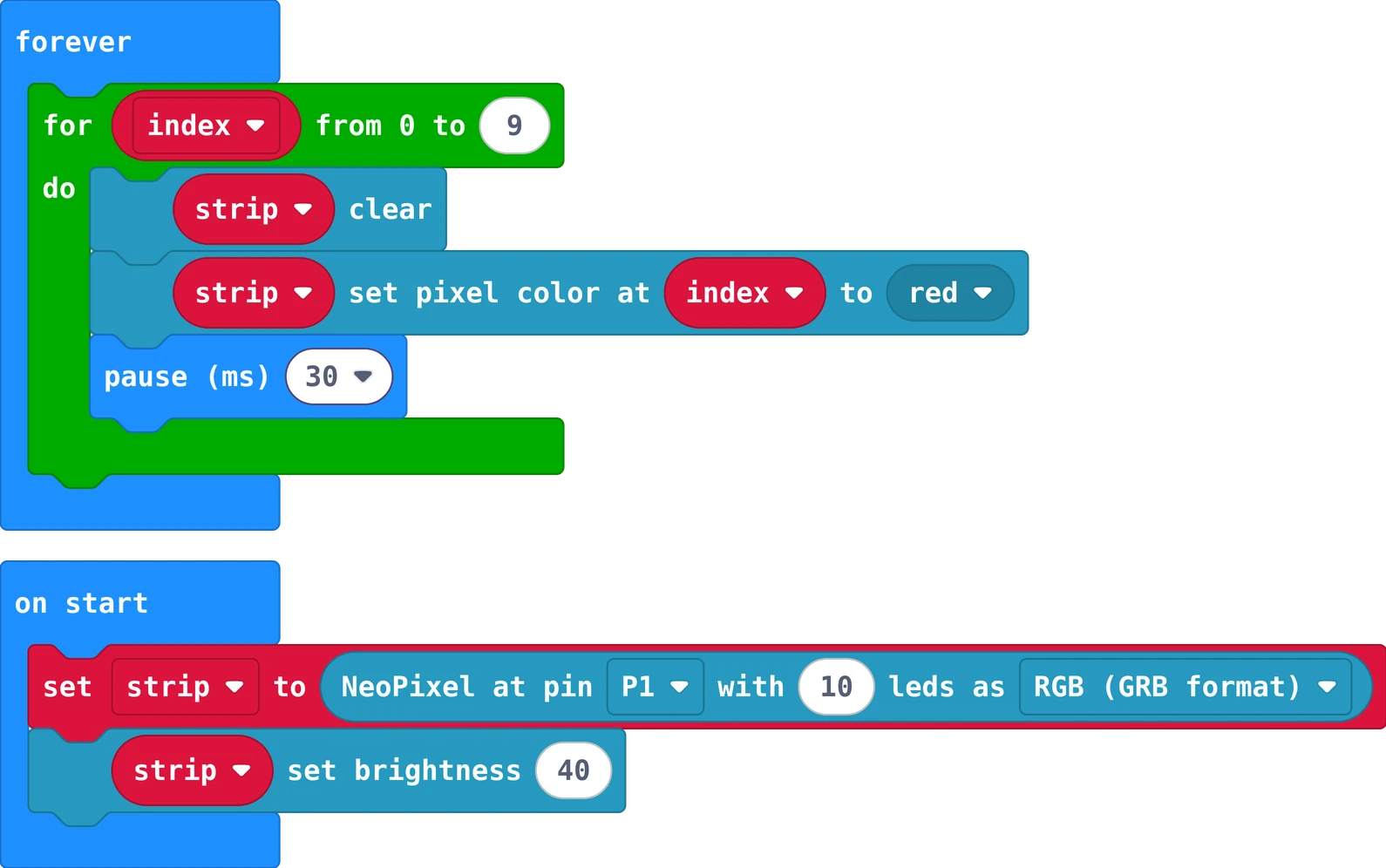 The MakeCode blocks of this program