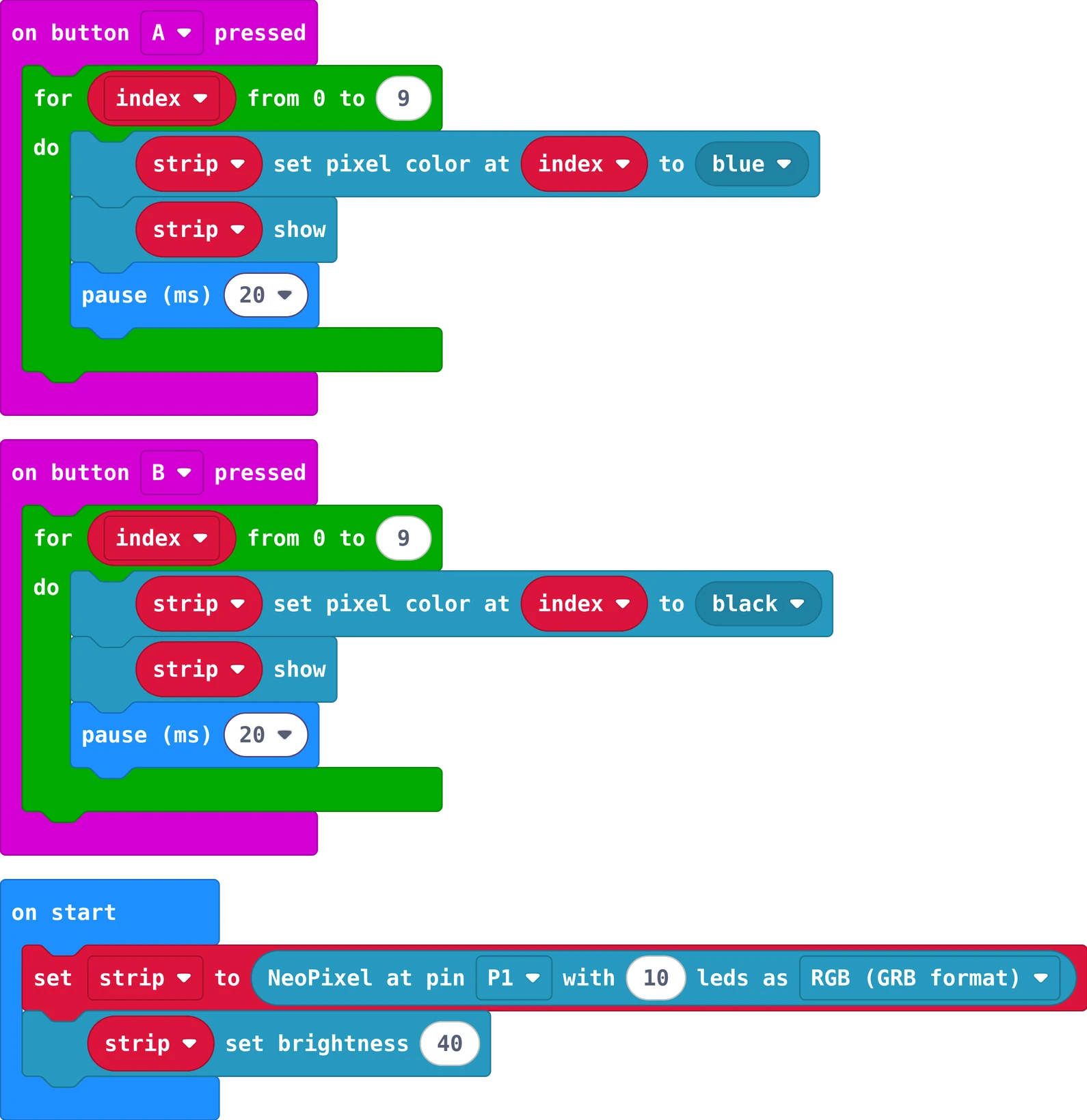 The MakeCode blocks of this program