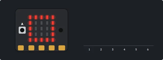 On screen: the Micro:bit is shaken, a small and a big diamond spin, a number appears, and a chart counts the rolls