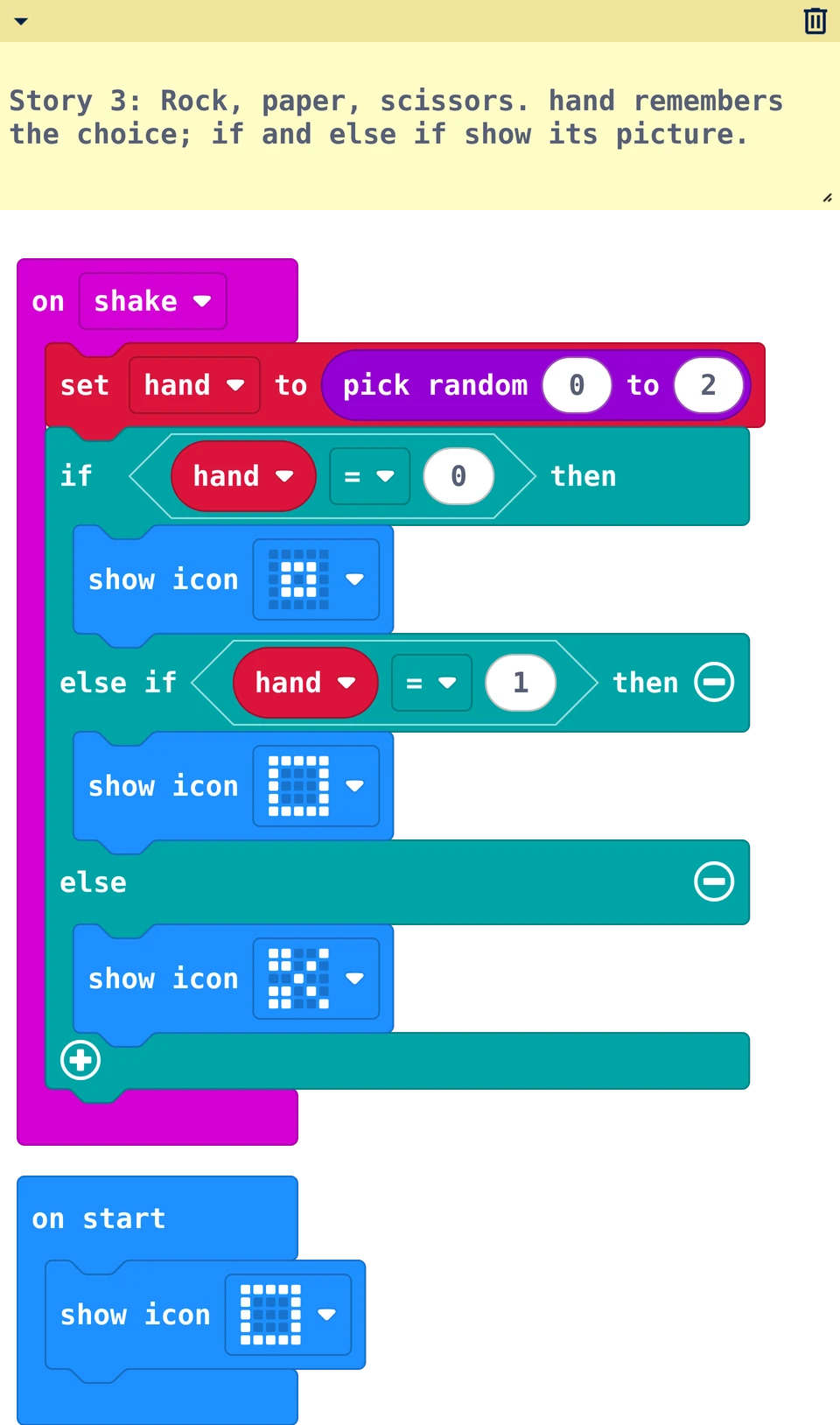 The MakeCode blocks of story 3