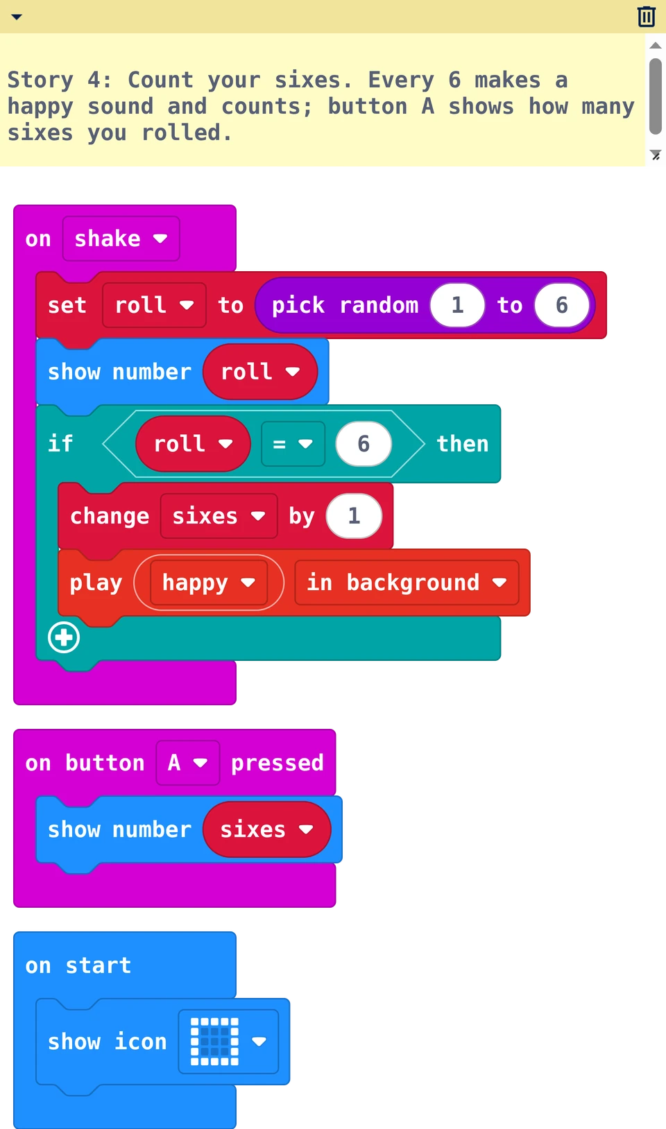 The MakeCode blocks of story 4
