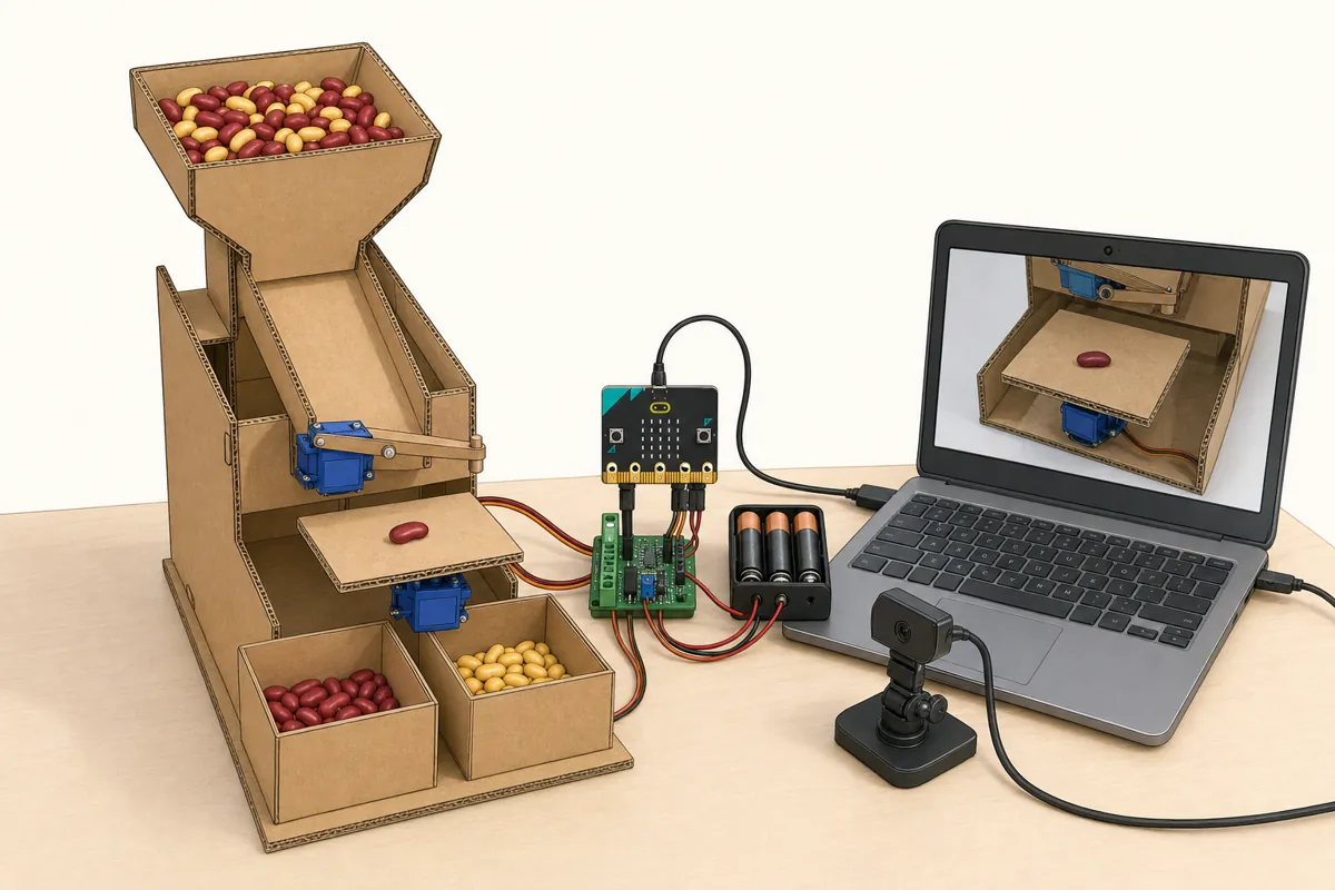 The new design: a hopper, a ramp, a gate that lets one bean through, a tray under a camera, two boxes, a Micro:bit on a servo board