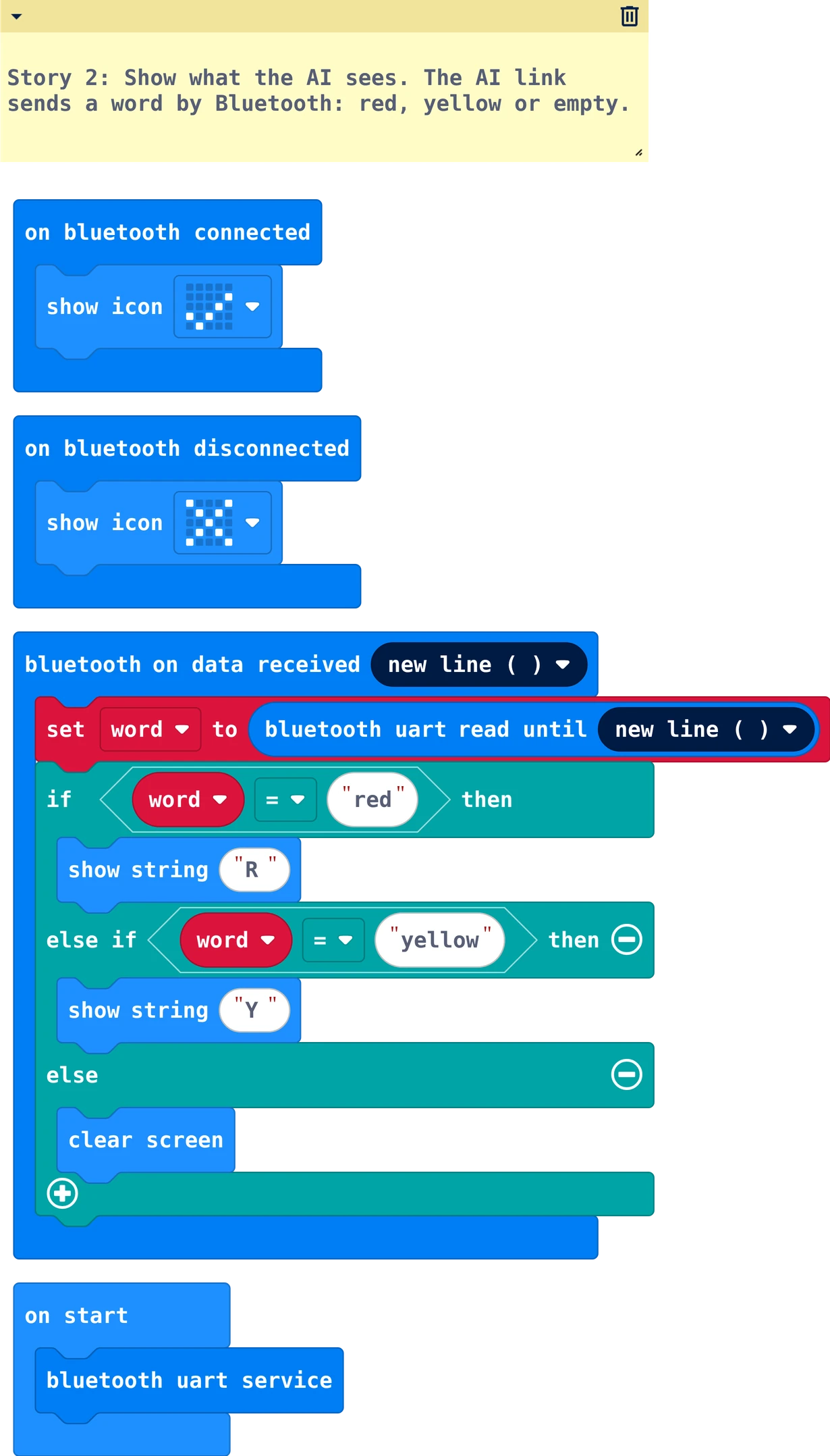 The MakeCode blocks of story 2