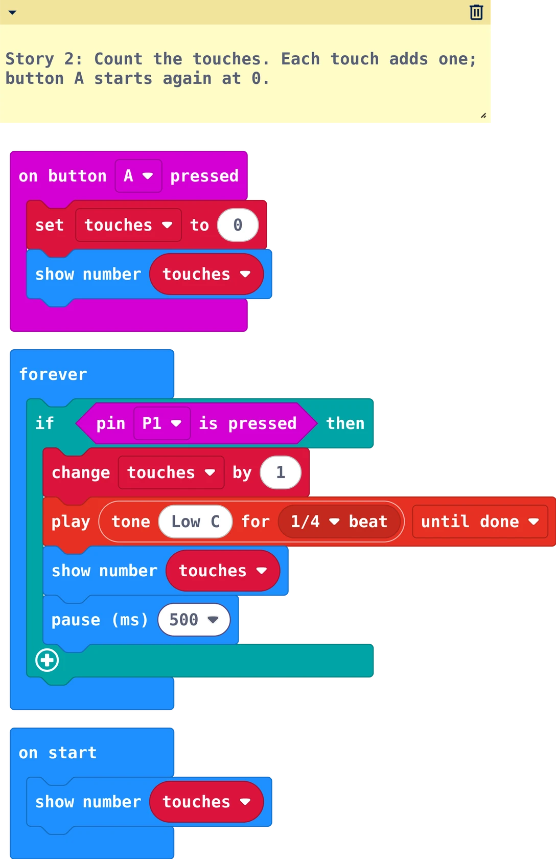 The MakeCode blocks of story 2